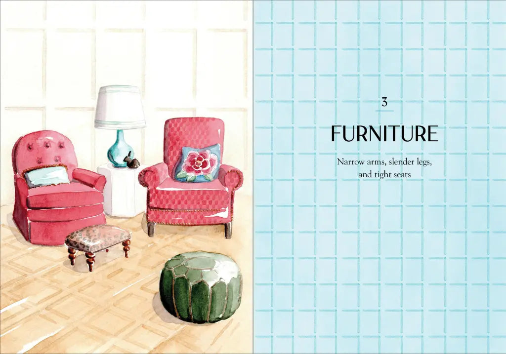 Watercolor illustration of pink armchairs, green ottoman, and teal lamp in a living room