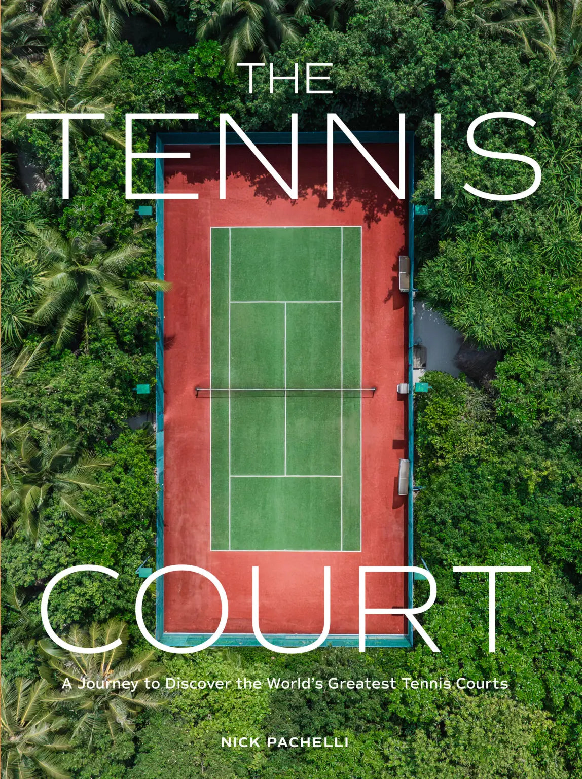 Aerial view book cover of jungle-surrounded red and green tennis court