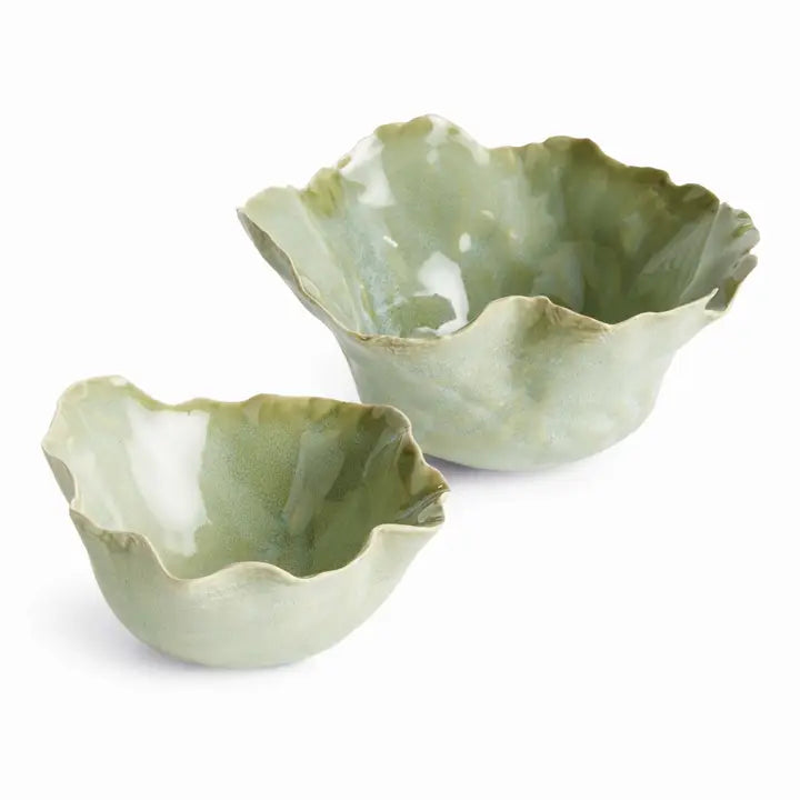 Set of two sage green reactive glaze ceramic decorative bowls with ruffled edges