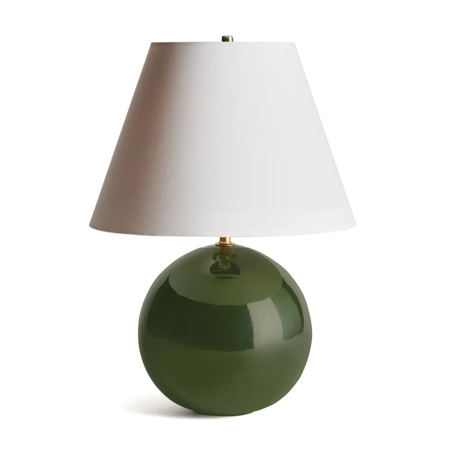 Round glossy dark green ceramic table lamp with white tapered linen shade