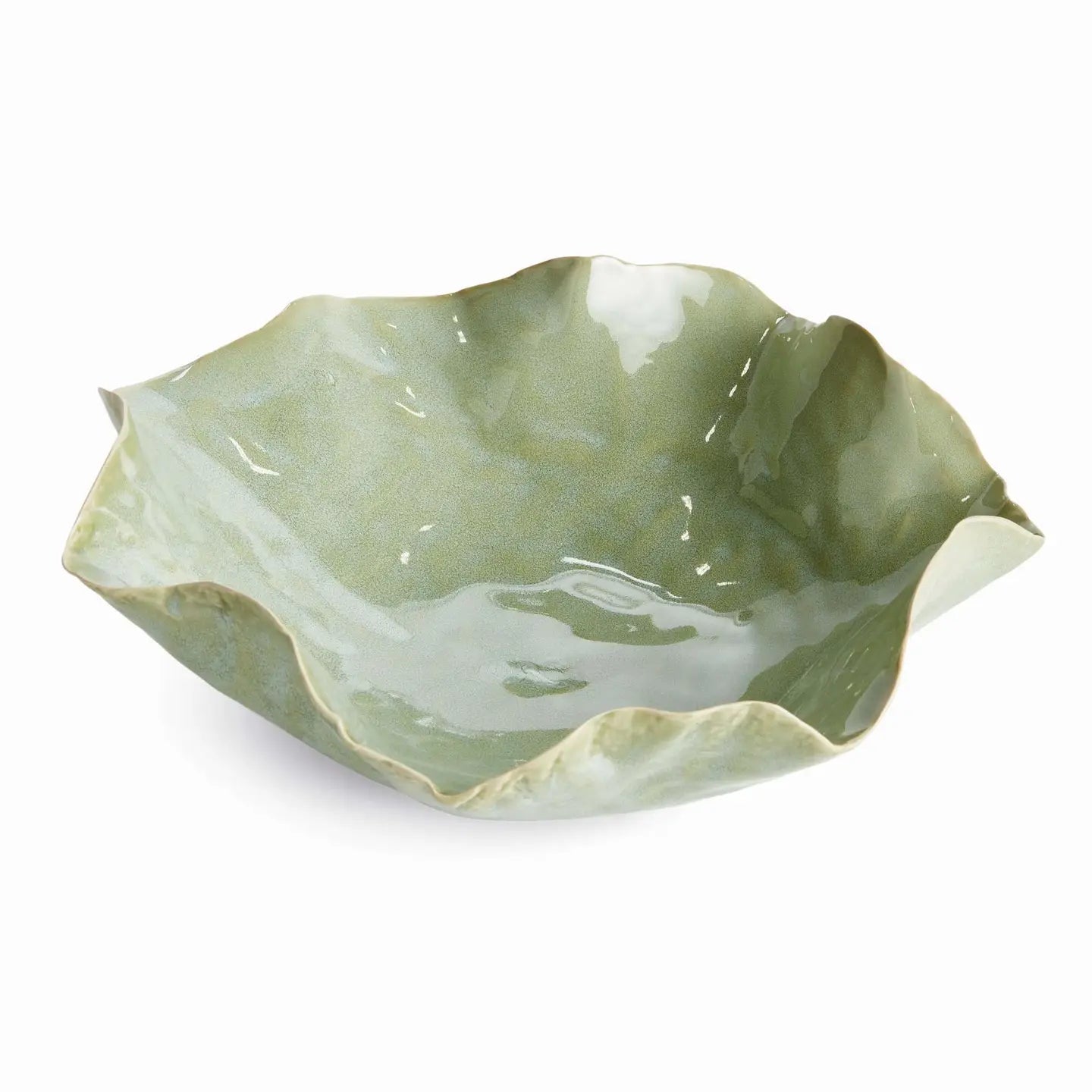 Morgan decorative ceramic tray in sage green with organic ruffled edges and glossy glaze