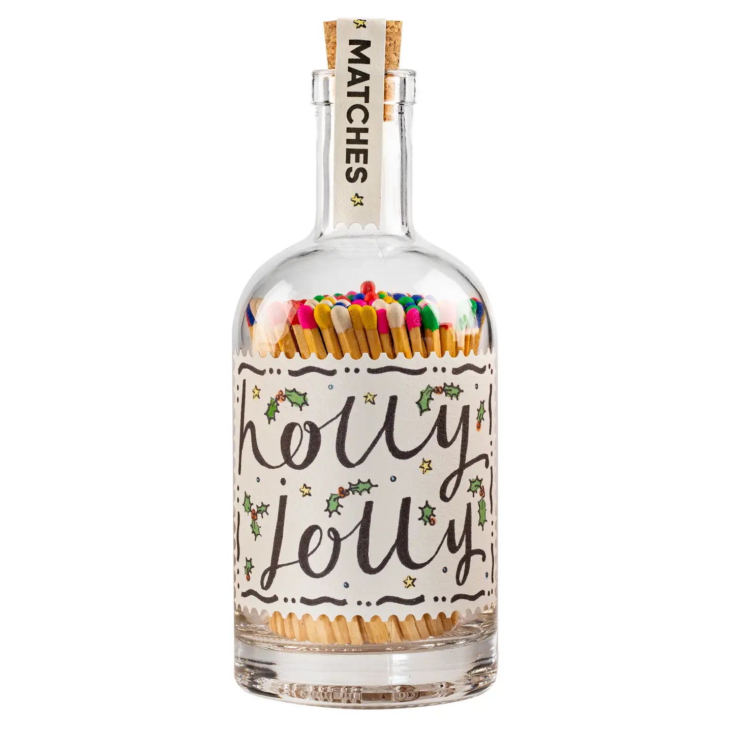 Archivist Holly Jolly glass bottle filled with colorful multicolor matches, cork stopper