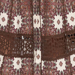 Cream midi dress with burgundy paisley print and brown crochet lace panel detail