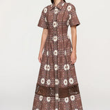 Floral paisley print maxi shirtdress with cutwork hem and short sleeves
