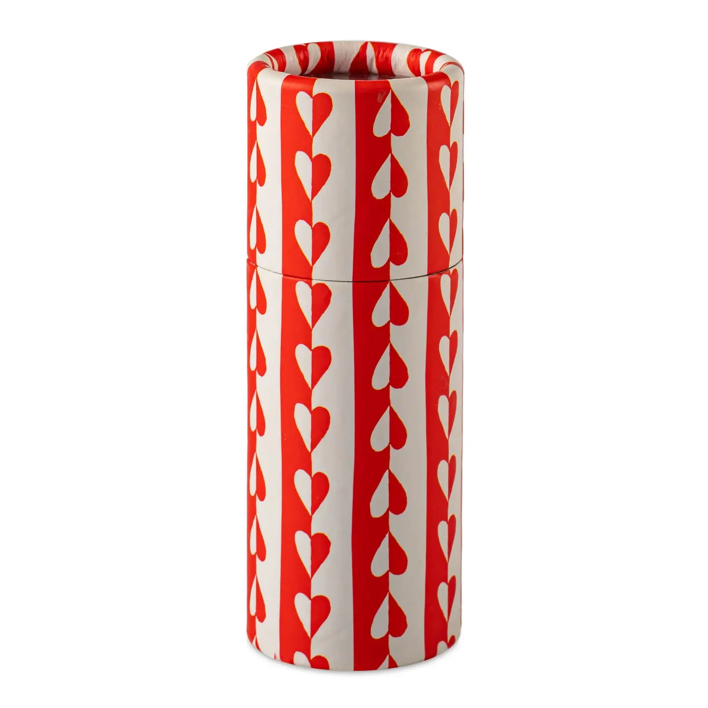 Archivist Sweetheart small cylinder matches in red and white heart stripe pattern