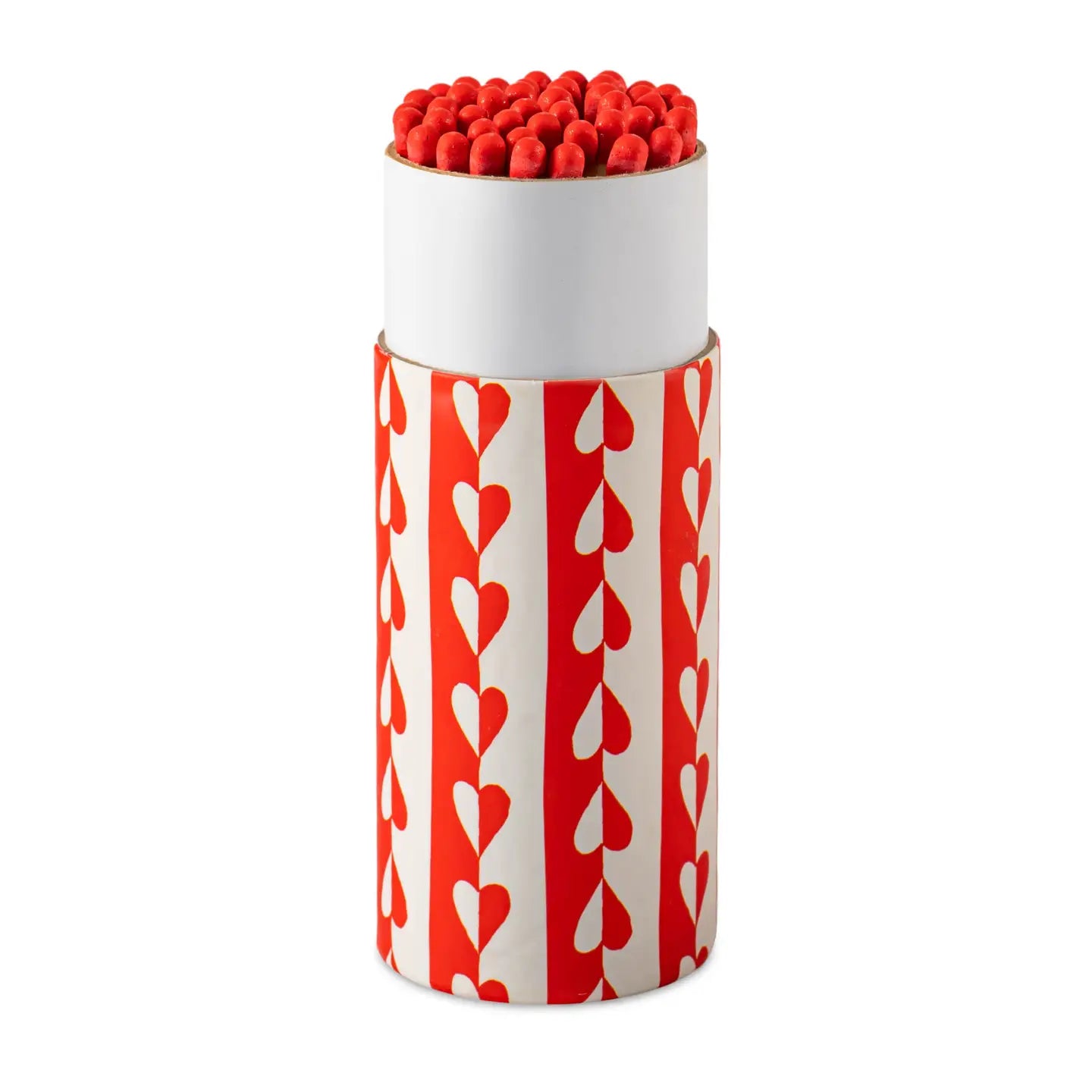 Archivist cylinder matchbox with red heart stripe pattern and red-tipped matches