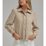 Tan pinstripe button-down blouse with scallop edge stitching and long sleeves