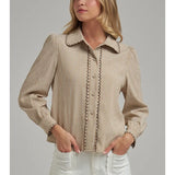 Tan pinstripe button-down blouse with scallop edge stitching and long sleeves