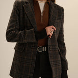 Navy plaid wool-blend slim fit blazer with flap pockets and ribbed cuffs