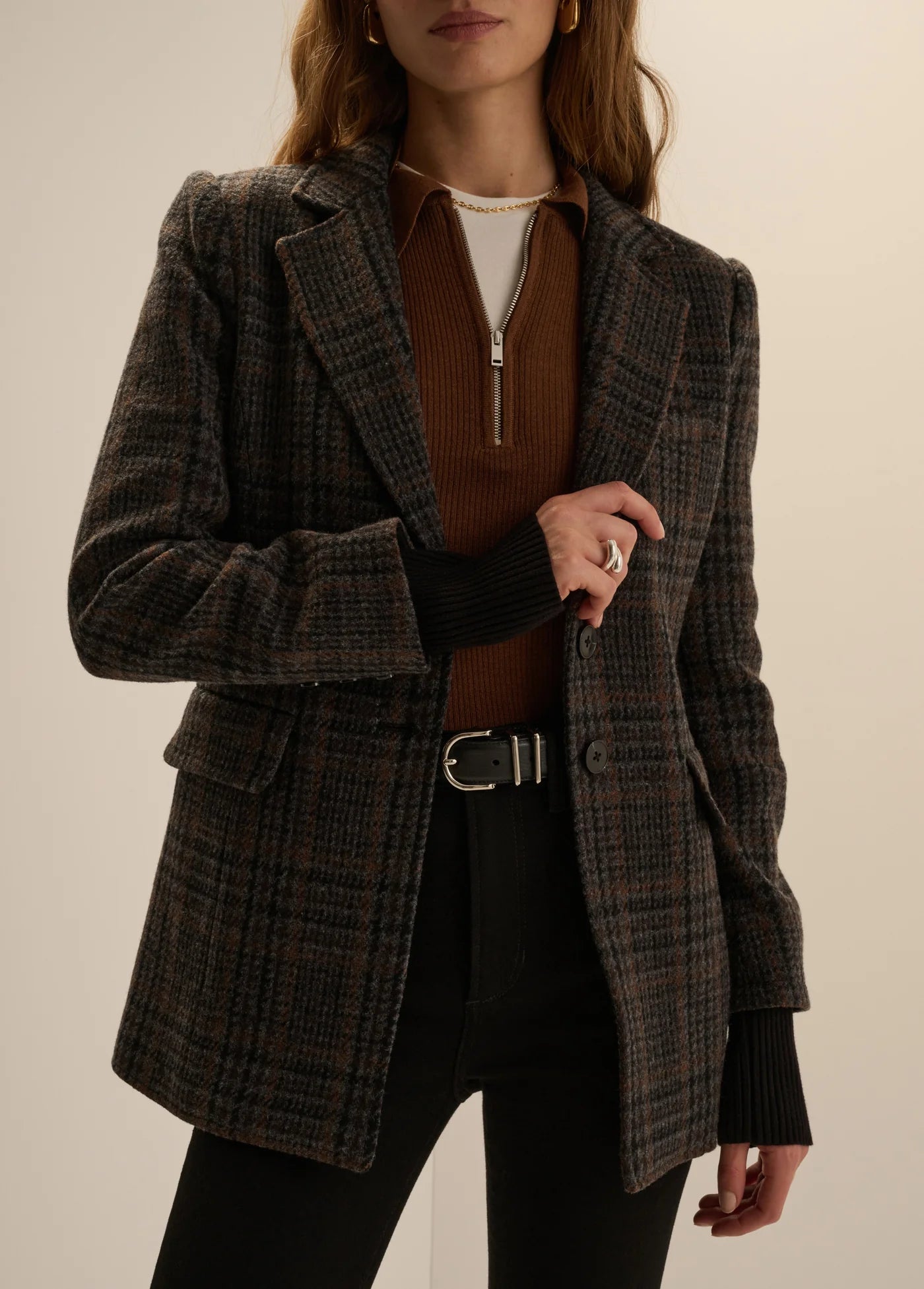 Navy plaid wool-blend slim fit blazer with flap pockets and ribbed cuffs
