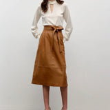 Pleated Front A-Line Leather Skirt