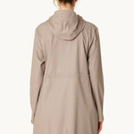 Isle Jacobsen light taupe hooded raincoat, back view, midi length