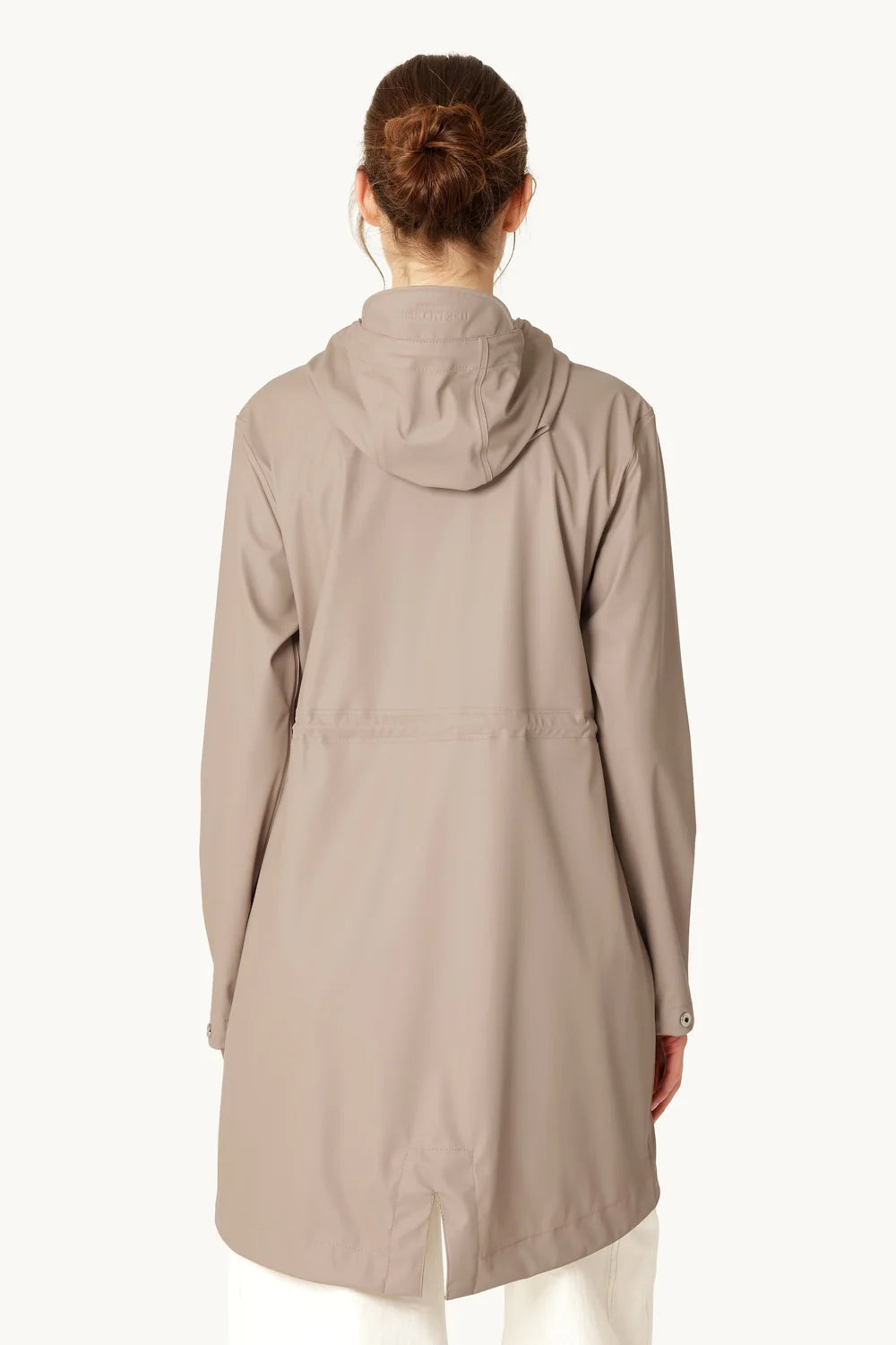 Isle Jacobsen light taupe hooded raincoat, back view, midi length