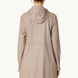 Isle Jacobsen light taupe hooded raincoat, back view, midi length