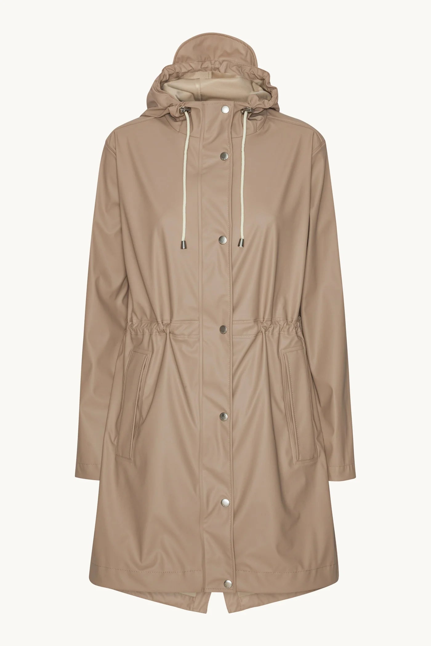 Isle Jacobsen Light Raincoat in beige with hood, drawstring waist, and snap buttons