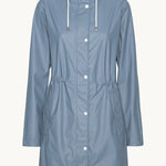 Ilse Jacobsen light blue raincoat with hood, snap buttons, and cinched waist