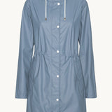 Ilse Jacobsen light blue raincoat with hood, snap buttons, and cinched waist