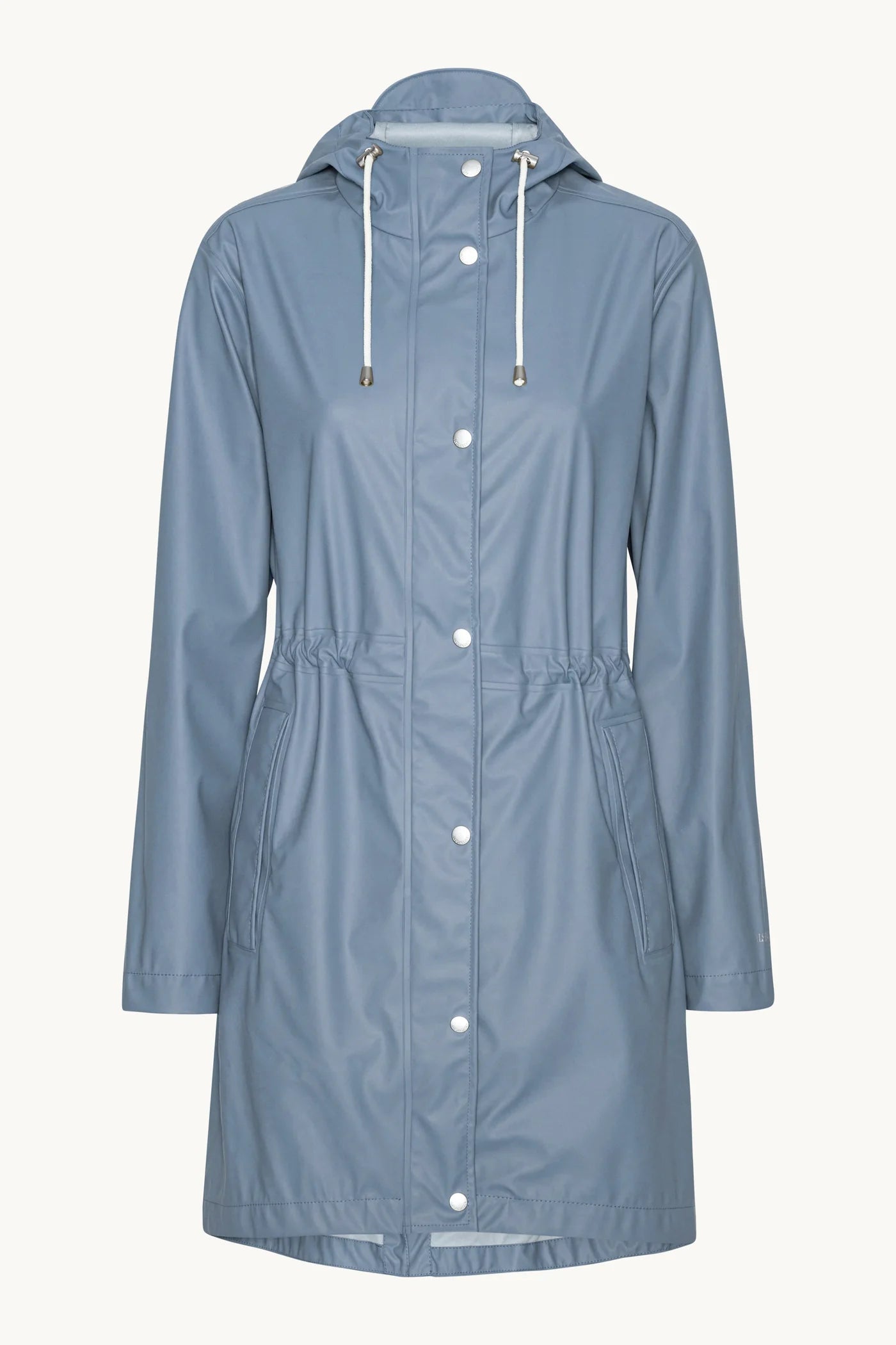 Ilse Jacobsen light blue raincoat with hood, snap buttons, and cinched waist