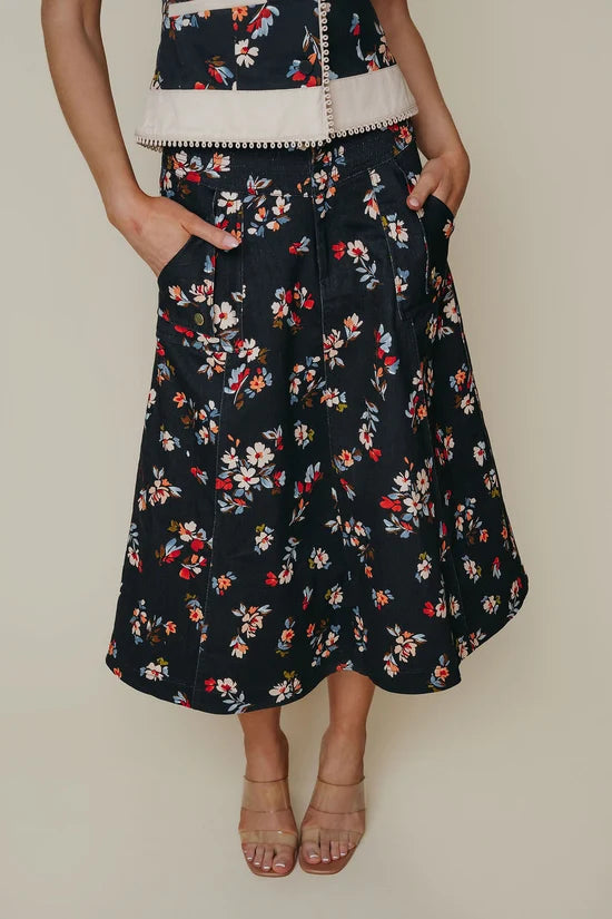 Midnight floral print midi A-line skirt with pockets and gold button detail