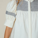LaRoque Sutton Blouse white navy geometric embroidered yoke puff sleeve button-front top