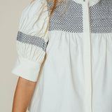 LaRoque Sutton Blouse white navy geometric embroidered yoke puff sleeve button-front top