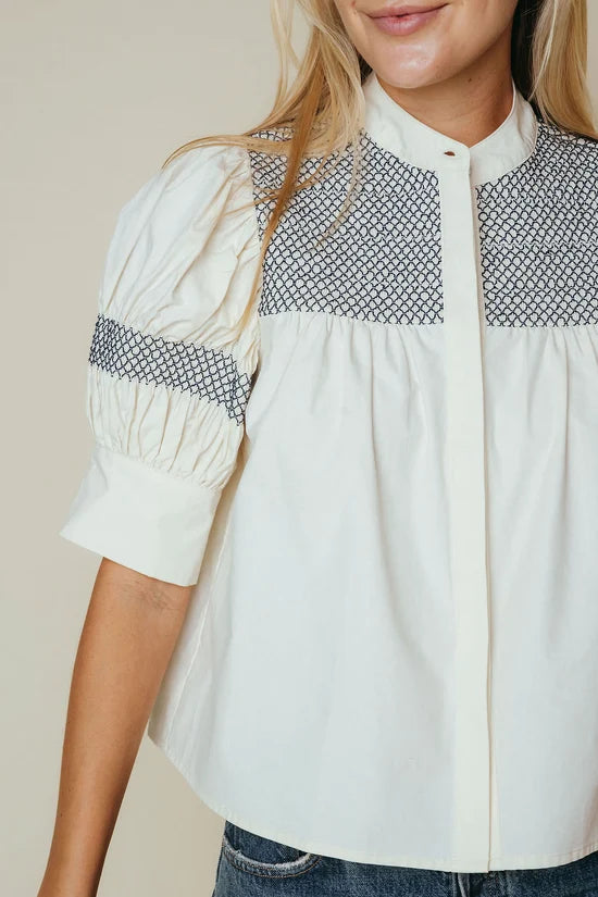 LaRoque Sutton Blouse white navy geometric embroidered yoke puff sleeve button-front top