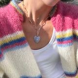 Blue lace agate heart pendant on gold paperclip chain necklace with diamond center