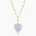 Gold paperclip chain necklace with carved blue lace agate heart pendant and center diamond