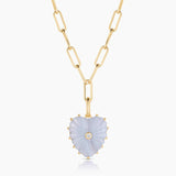 Gold paperclip chain necklace with carved blue lace agate heart pendant and center diamond