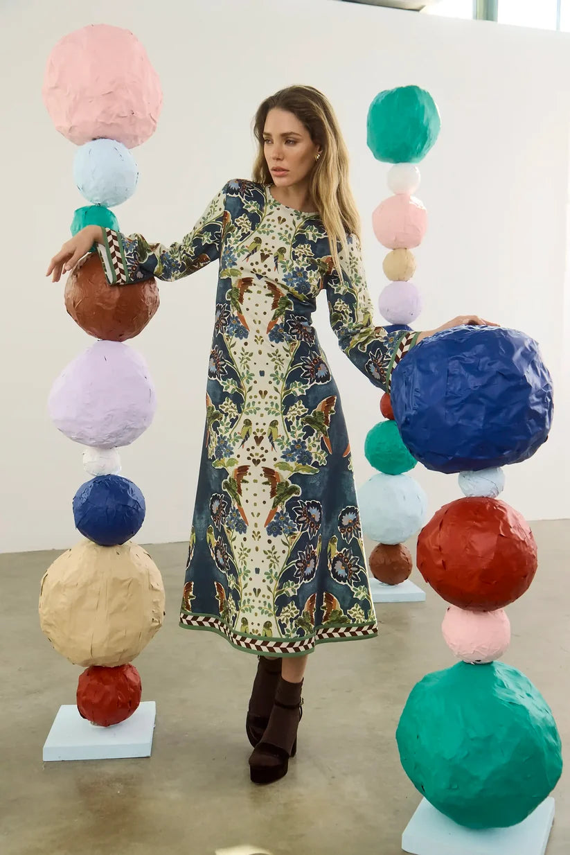 Hunter Bell Townes Dress in floral bird print, long sleeves, midi length