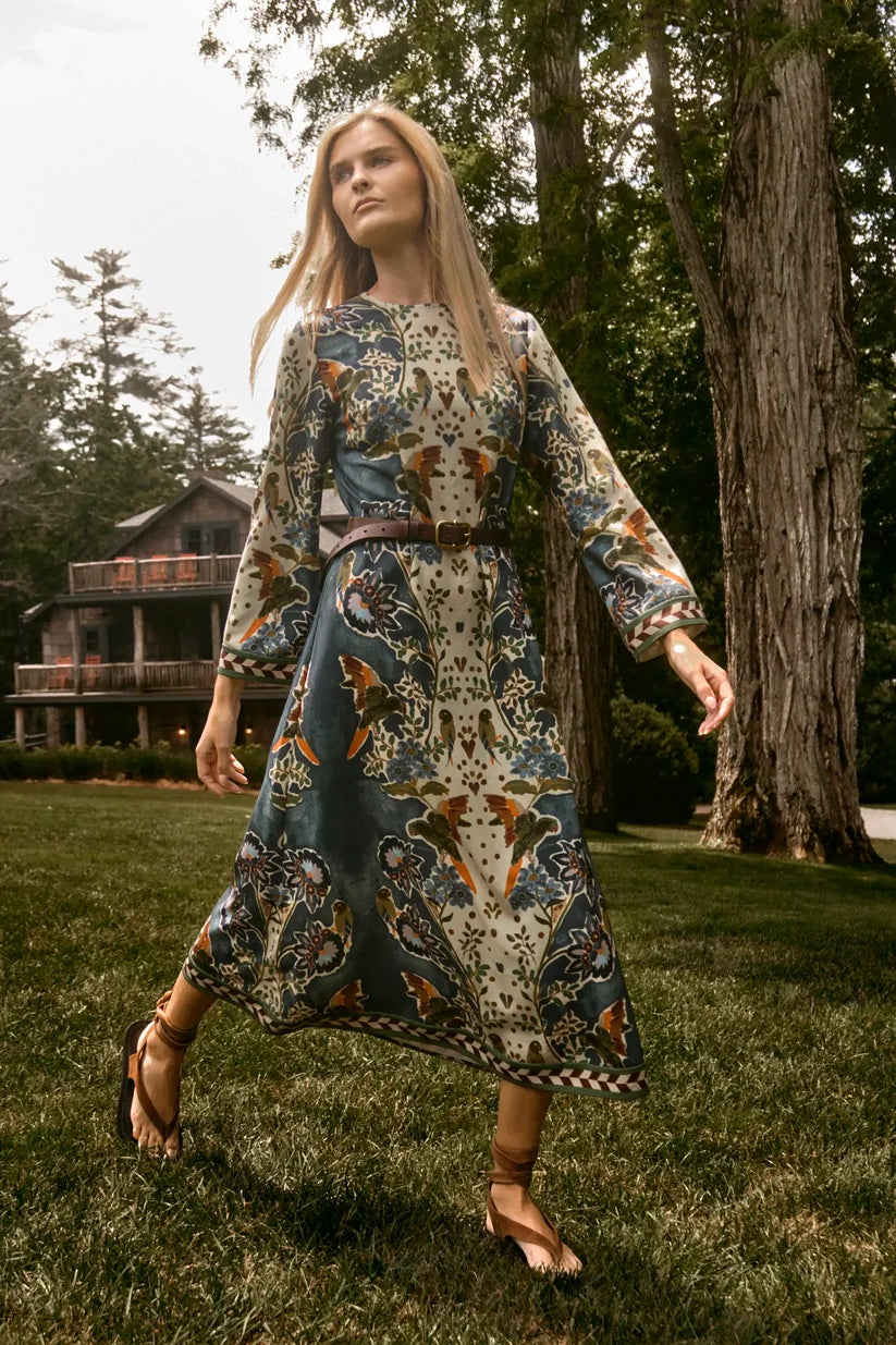 Hunter Bell Townes Dress, floral botanical print midi dress with brown leather belt