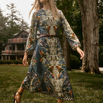 Hunter Bell Townes Dress, floral botanical print midi dress with brown leather belt