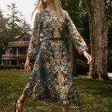 Hunter Bell Townes Dress, floral botanical print midi dress with brown leather belt
