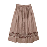 Brooks Ave Colette midi skirt in brown stripe with floral border and front buttons