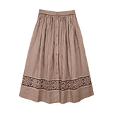 Brooks Ave Colette midi skirt in brown stripe with floral border and front buttons