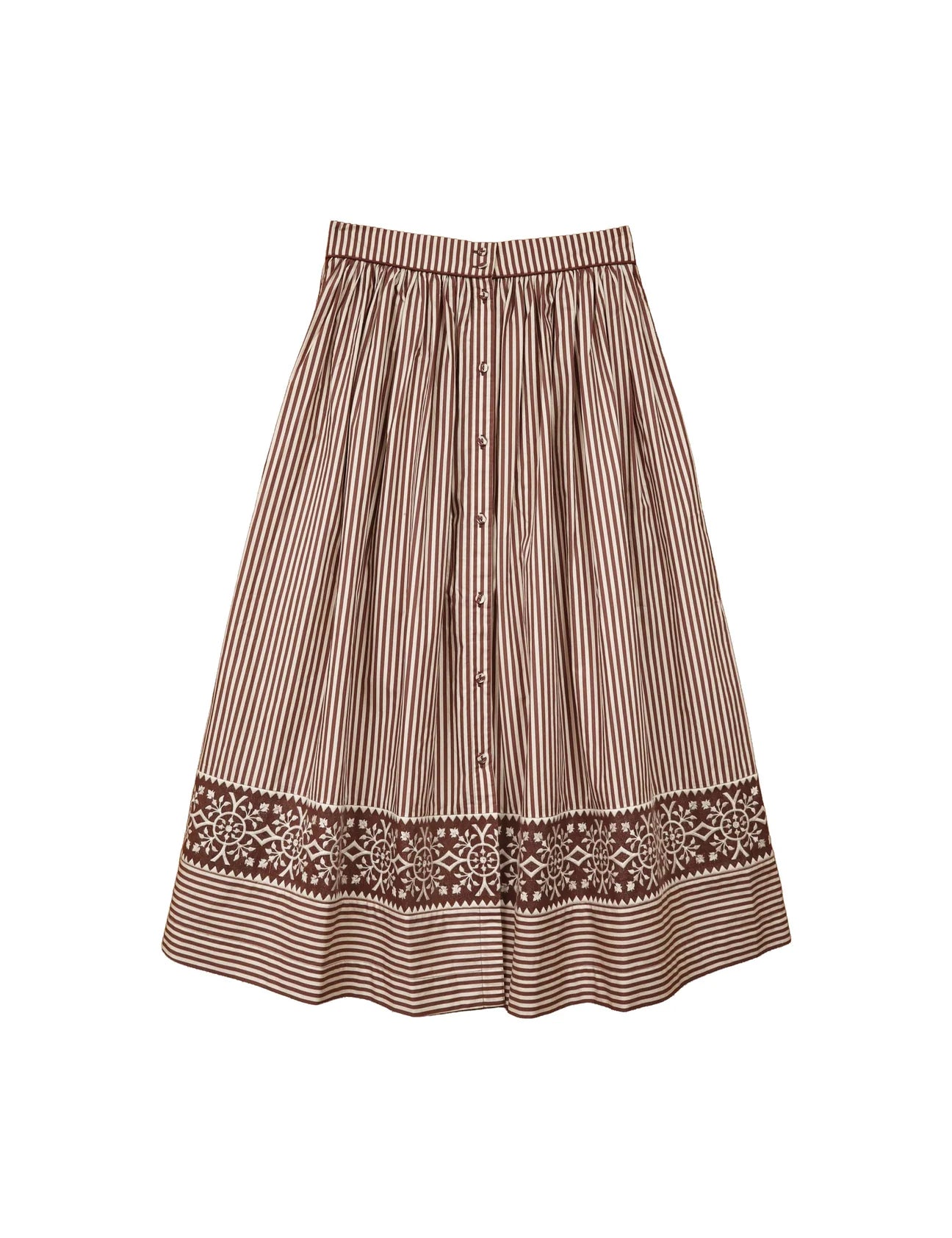 Brooks Ave Colette midi skirt in brown stripe with floral border and front buttons