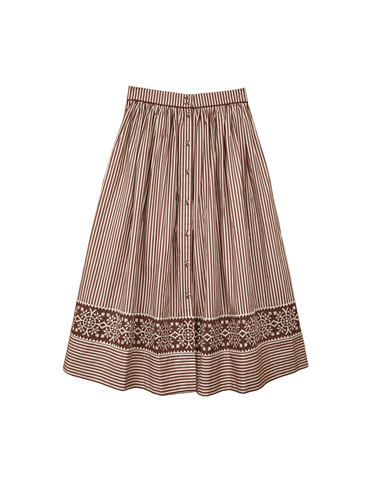 Brooks Ave Colette midi skirt in brown stripe with floral border and front buttons