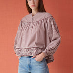 Brown and white striped cotton blouse with embroidered hem and oversized sailor collar