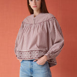 Brown and white striped cotton blouse with embroidered hem and oversized sailor collar