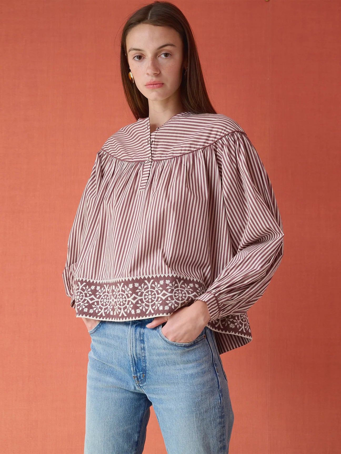 Brown and white striped cotton blouse with embroidered hem and oversized sailor collar