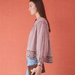 Birdie Blouse in brown and white stripe with embroidered border hem detail