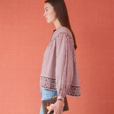 Birdie Blouse in brown and white stripe with embroidered border hem detail