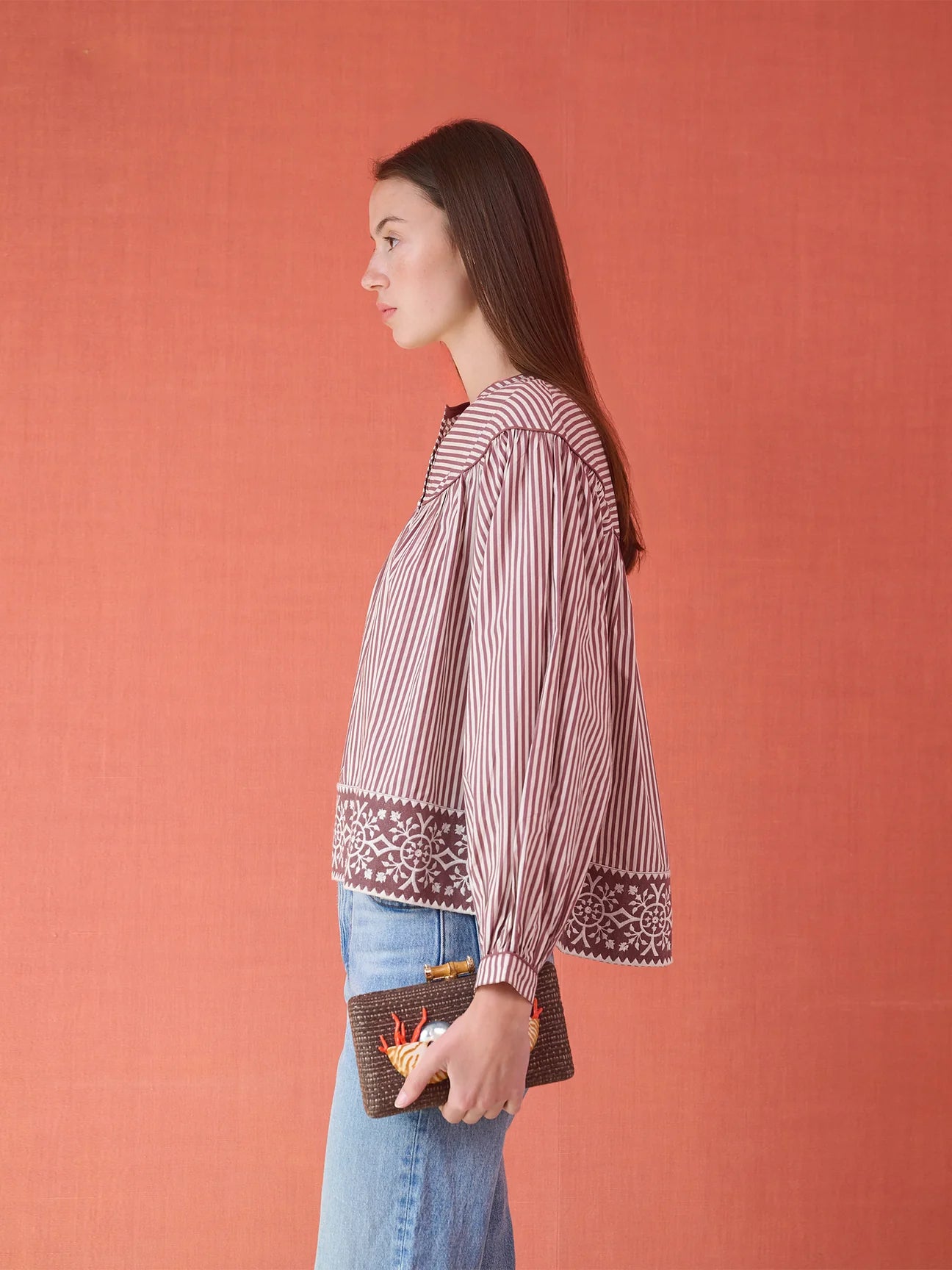Birdie Blouse in brown and white stripe with embroidered border hem detail