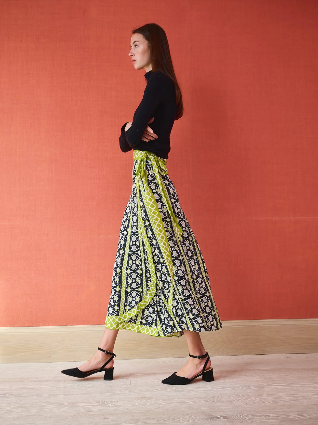 Midi wrap skirt in black and lime green floral print with tie waist