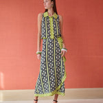 Olive green and navy floral print sleeveless button-down blouse with Peter Pan collar