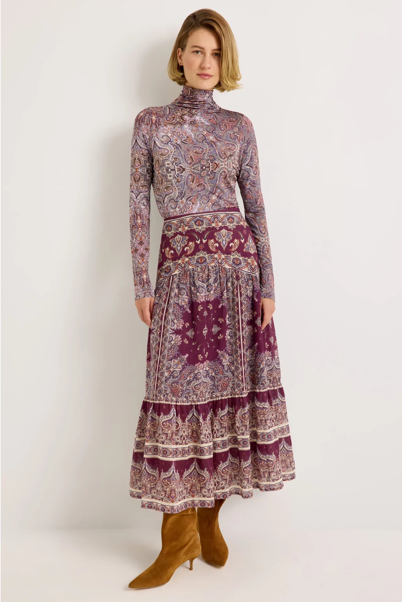 Burgundy paisley maxi skirt with tiered hem and border print detail