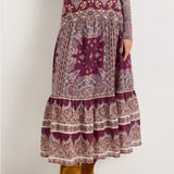 Midi A-line skirt in burgundy paisley print with tiered hem and drop waist