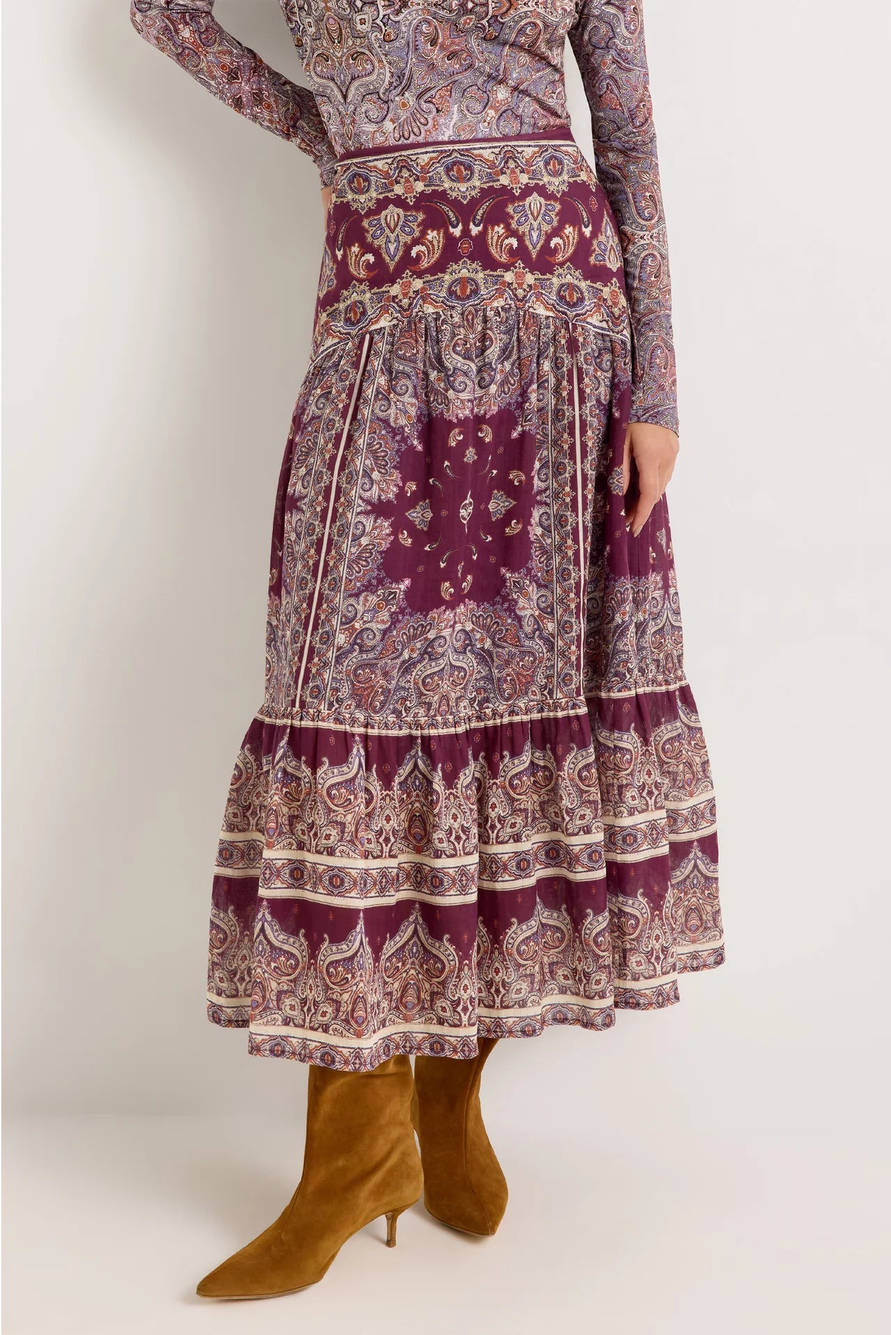 Midi A-line skirt in burgundy paisley print with tiered hem and drop waist