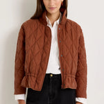 Brown quilted funnel-neck jacket with diamond pattern and cinched drawstring waist