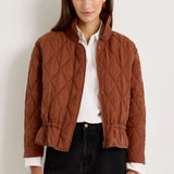 Brown quilted funnel-neck jacket with diamond pattern and cinched drawstring waist